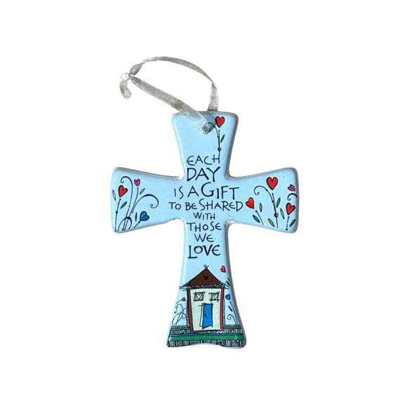 Ceramic Cross Ornament With Quote, Ribbon Christian Gift Home Decor Wall Hanging - Picture 2 of 5